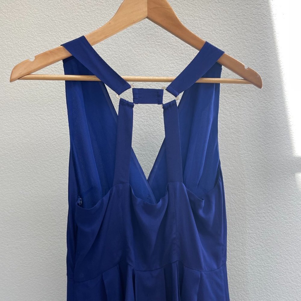 Aryn K. Blue 100% Silk High Low Deep V Pleated Cocktail Party Dress - Picture 4 of 7